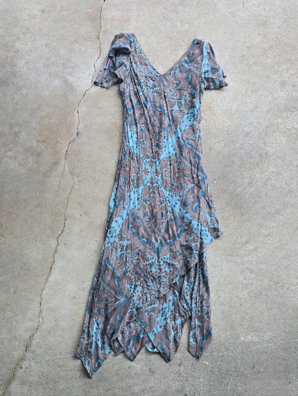 Vintage Silk Paisley Dress 12 Blue Y2K Fairy Bead Floral Whimsical Gatsby Ruffle